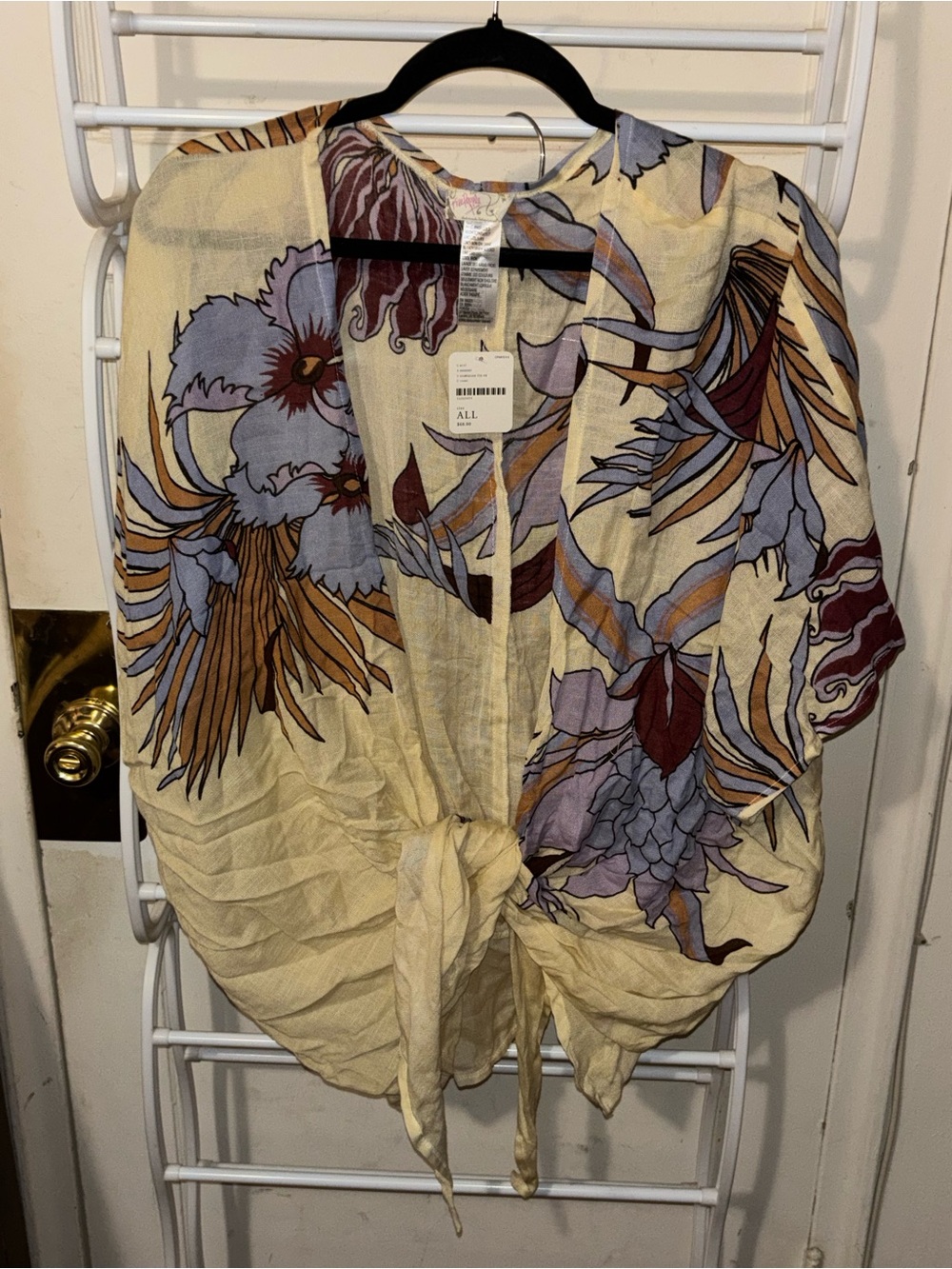 Free People Floral Tie-Front Kimono Top - Cream with Purple & Brown Print Hippie - Picture 2 of 4